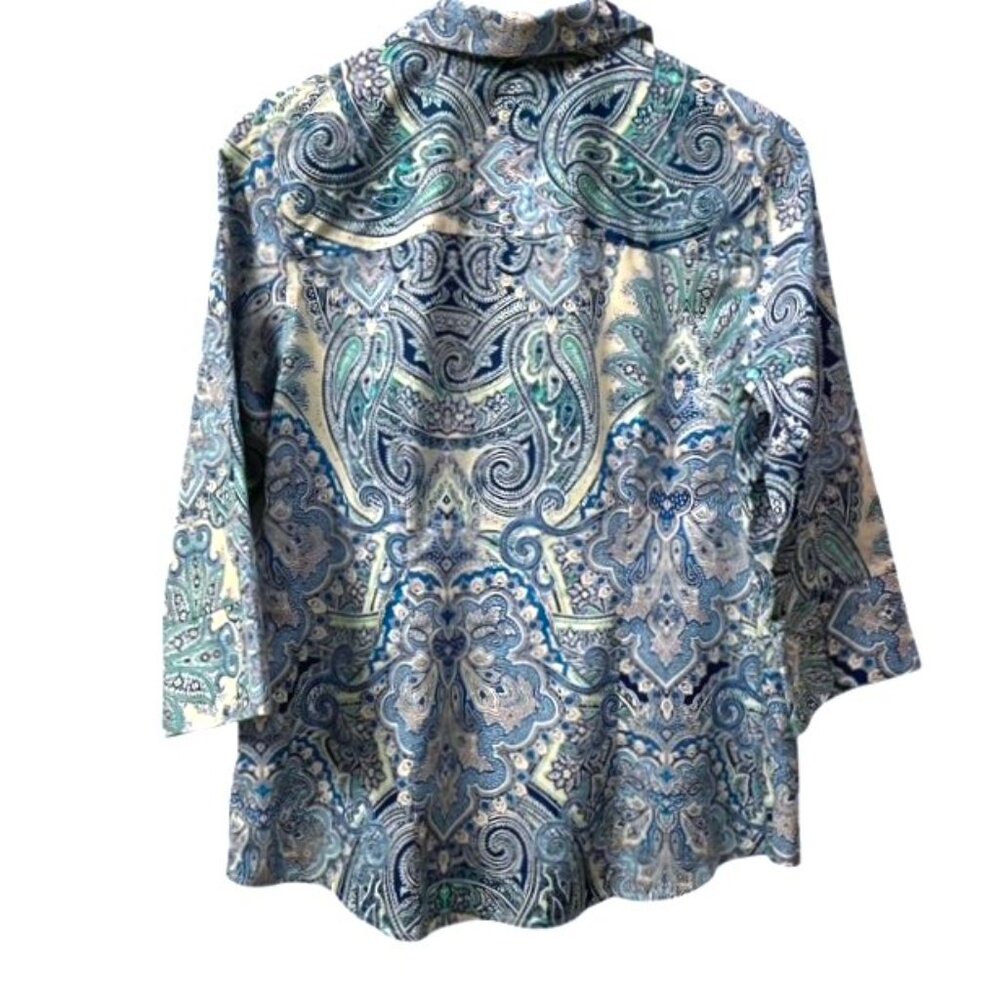 Chico's Gabrielle Paisley No-Iron Button Down Cotton Shirt Blue Green Medium - Picture 2 of 16